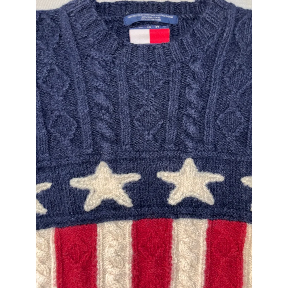Tommy Hilfiger RARE Vintage 90’s Thick Wool Cable Knit America Flag Sweater sz M